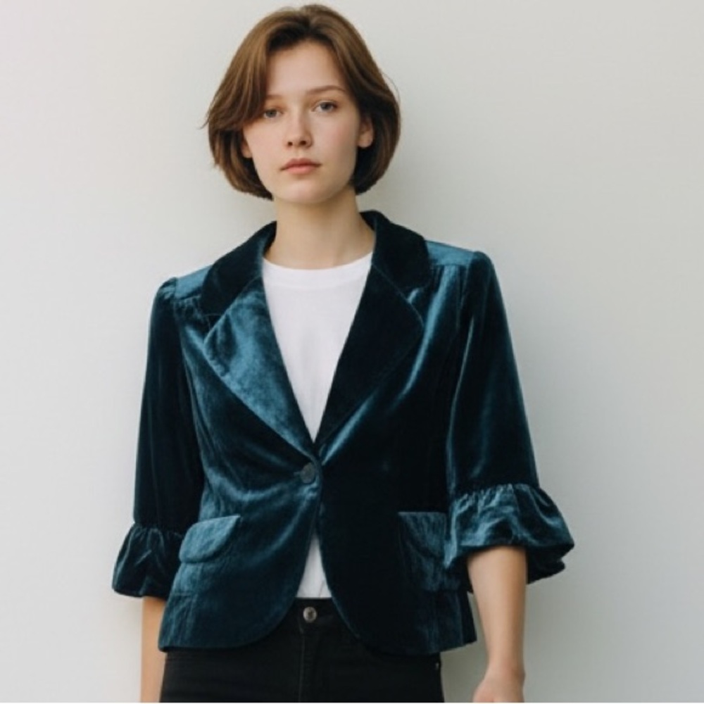 Halogen Women’s Velvet Teal Blue Silk Blend Blazer Rose Button Flower Button M